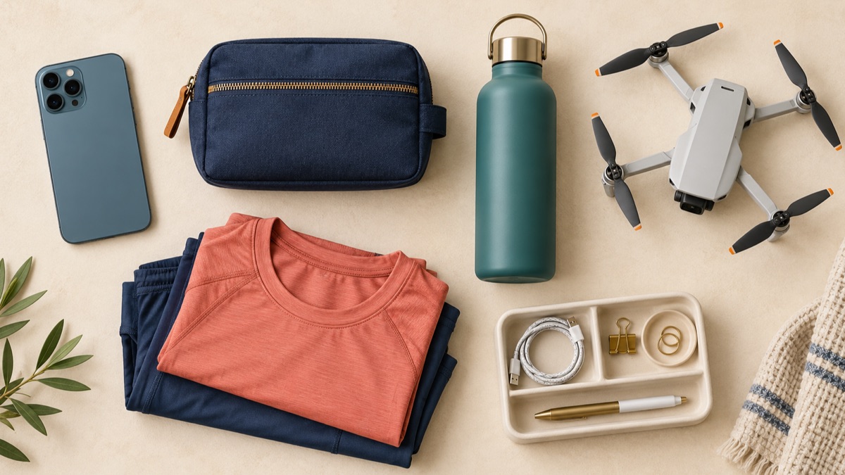 A phone, travel accessories, household organizers, a drone, and gym clothing arranged together